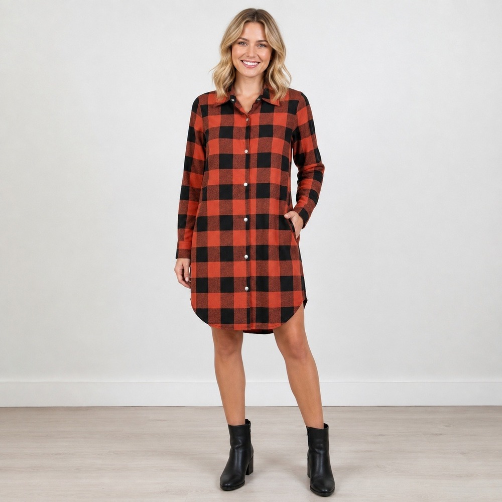 Unbranded Buffalo Plaid Shirt Dress Red Black Snap Front Long Sleeve S
